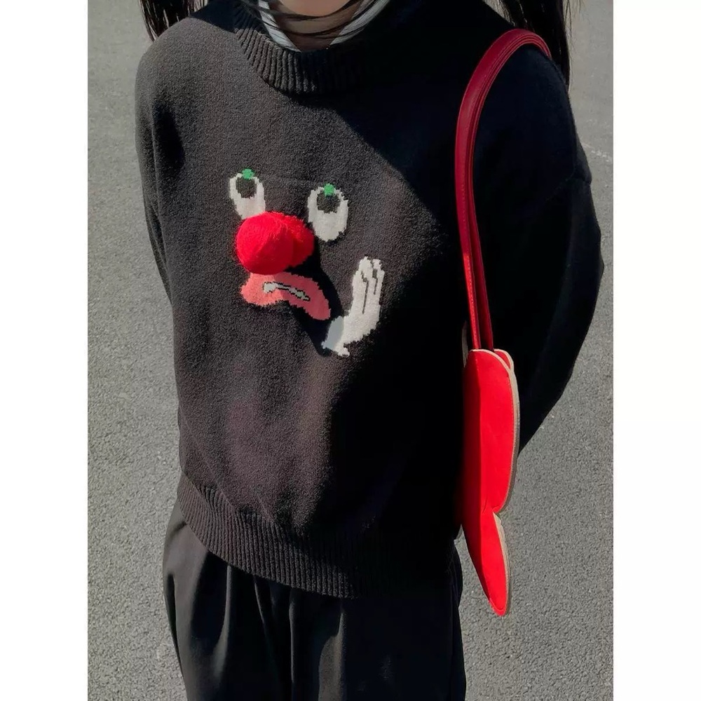 Toothache Emoji Loose Design Black Sweater